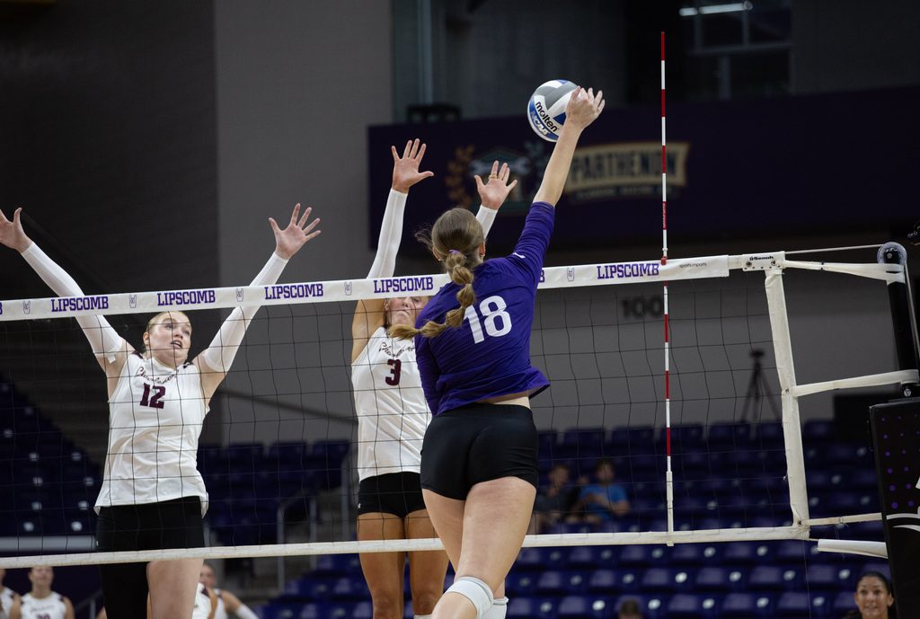 Sr. Ella Durham spikes ball past defenders.